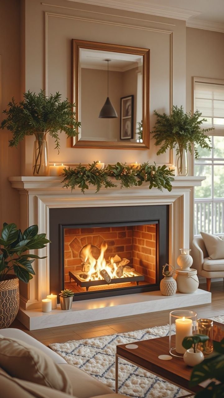 A warm fireplace burning in a living room