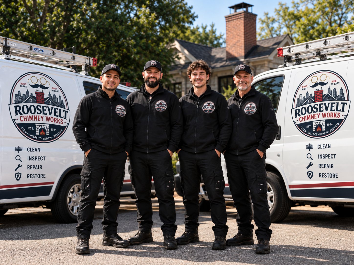 The Roosevelt Chimney Works team in front of their service vans