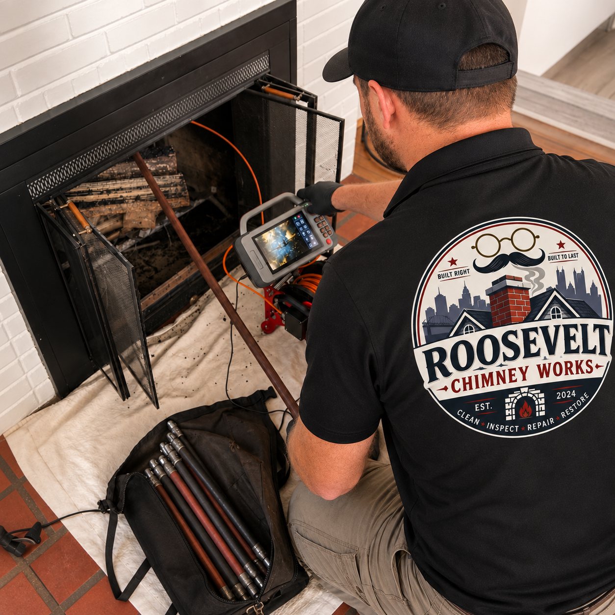 Camera-backed chimney inspection in progress