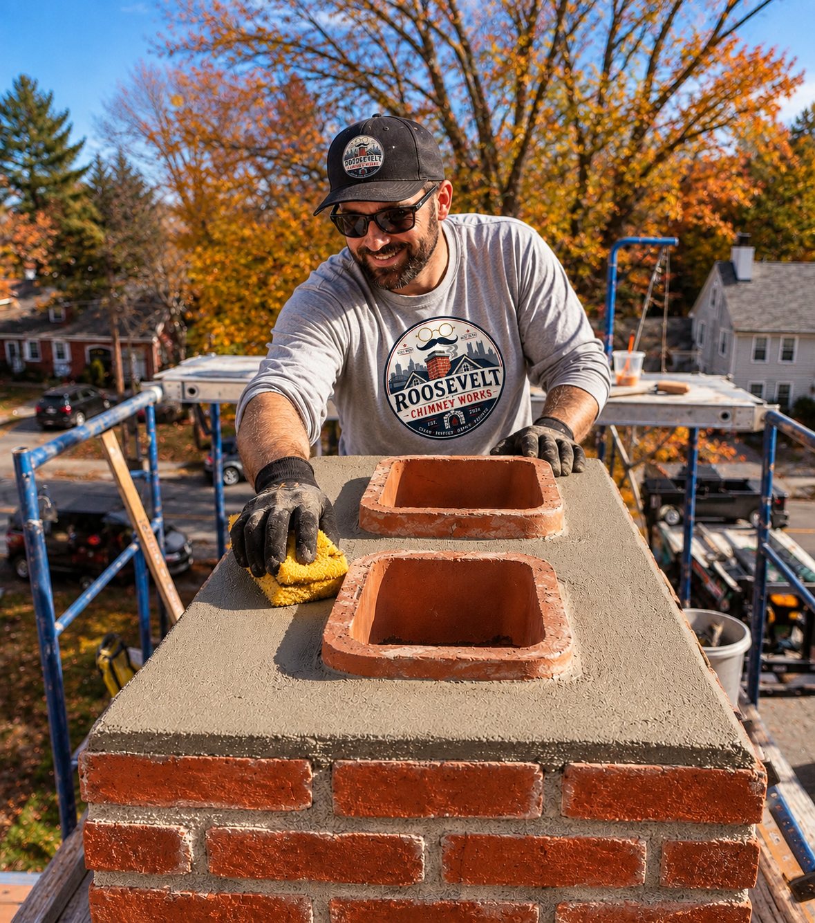 Roosevelt technician performing careful masonry crown work