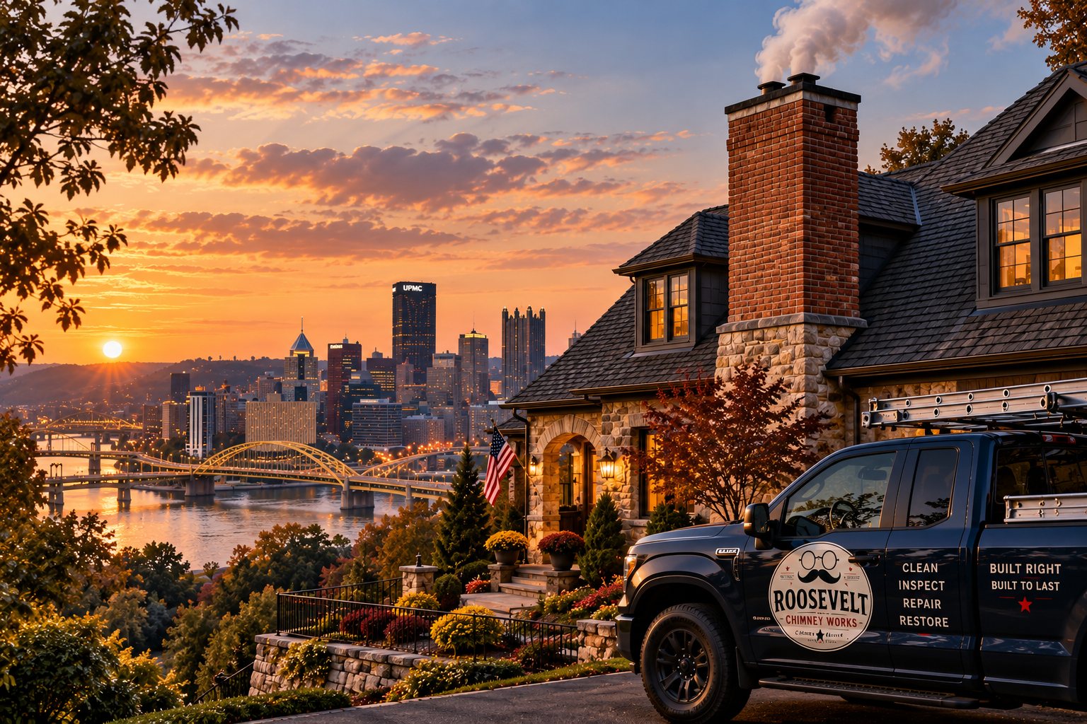 A Roosevelt Chimney Works truck overlooking the Pittsburgh skyline